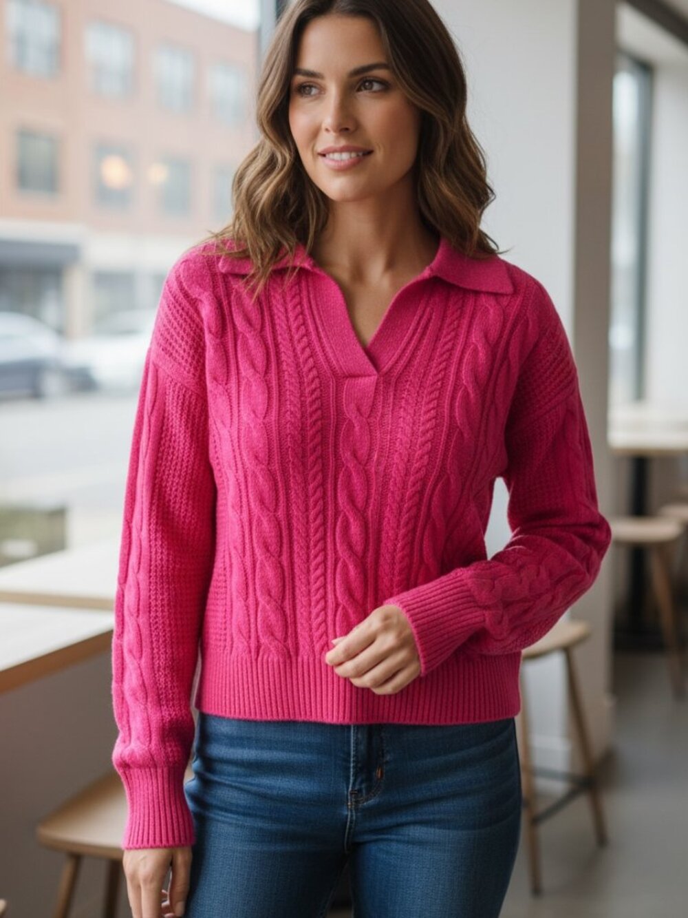 Vero Moda Women's Bright Hot Pink Cable V-Neck Sweater